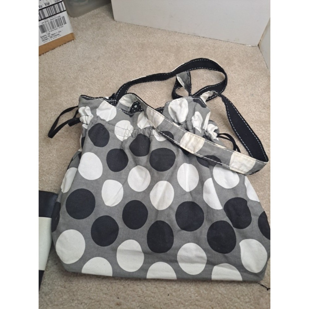 Thirty-One Drawstring Shoulder Bag Polka Dot Gray Black White Canvas Tote Bag